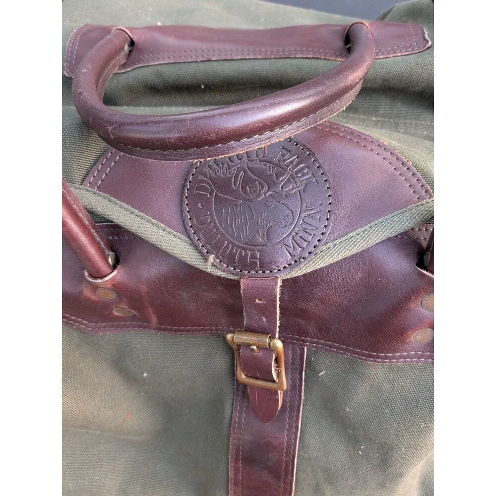 Duluth Pack Sportsman Duffle Large Green Canvas Brown Leather Vintage USA